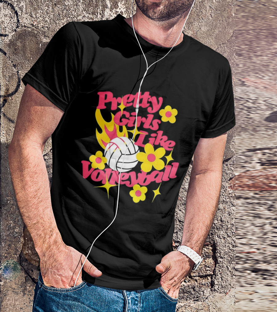 Pretty Girls Like Volleyball Flowers Yellow Pink Volleyball Floral Design T-Shirt