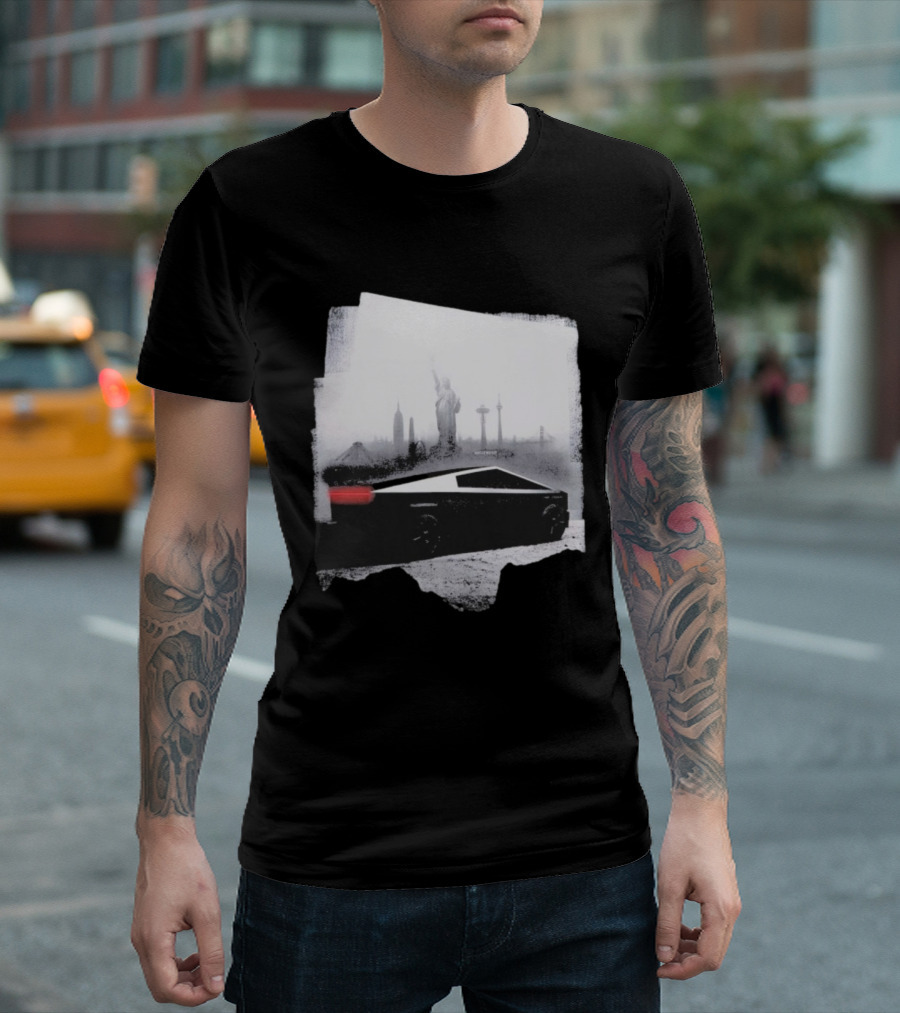 Tesla Cybertruck With Global Landmark Skyline T-Shirt