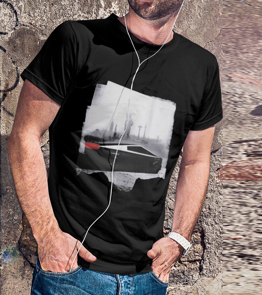 Tesla Cybertruck With Global Landmark Skyline T-Shirt