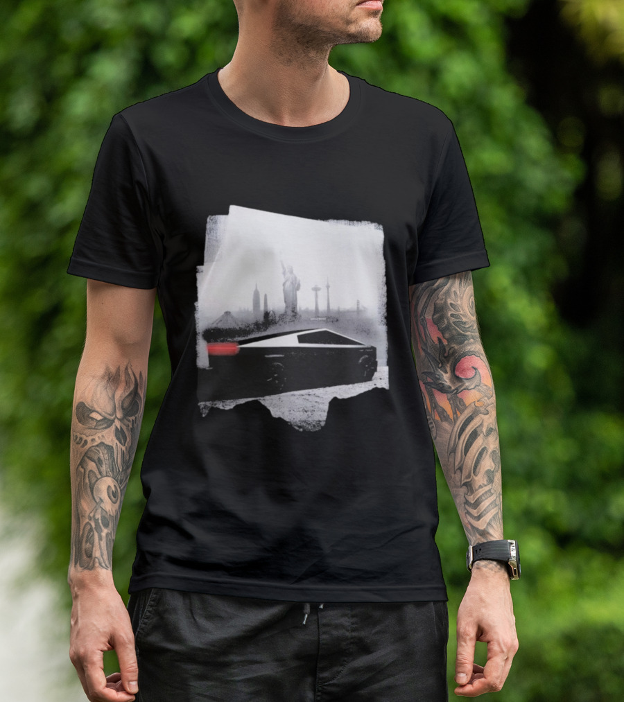 Tesla Cybertruck With Global Landmark Skyline T-Shirt