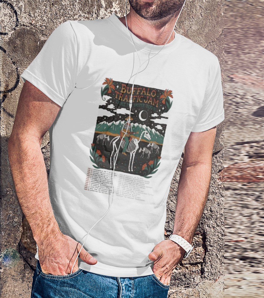 Buffalo Traffic Jam Take Me Home Tour 2026 Dates Skeleton Cowboy Riding Horse Moonlit Desert Scene T-Shirt