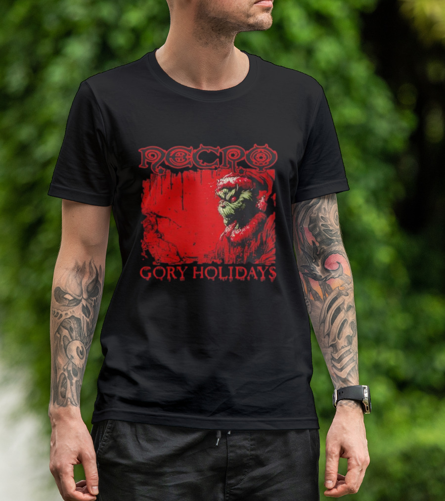 Necro Gory Holidays Grinch Santa Red Dripping Art T-Shirt