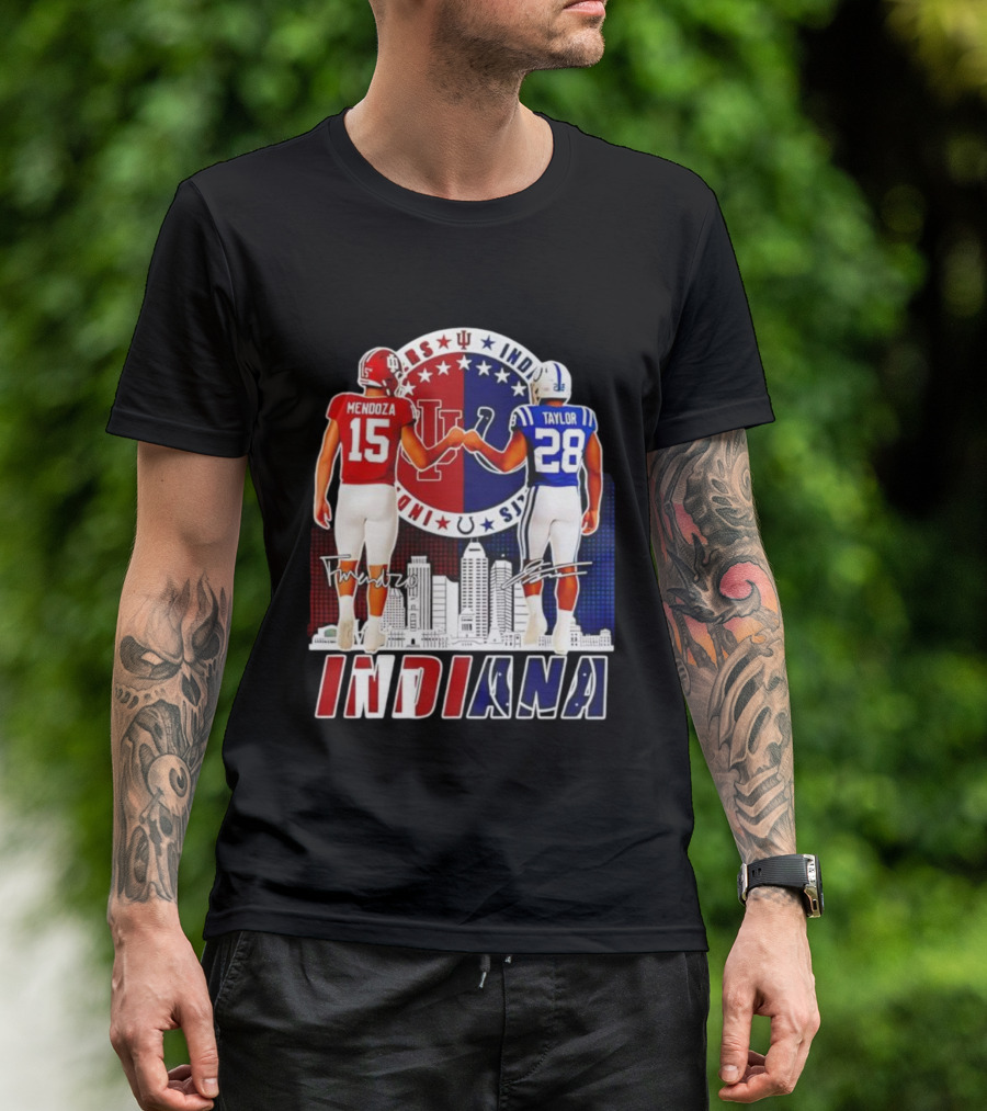 Indiana Hoosiers Mendoza 15 Indianapolis Colts Taylor 28 Signatures And City Skyline T-Shirt