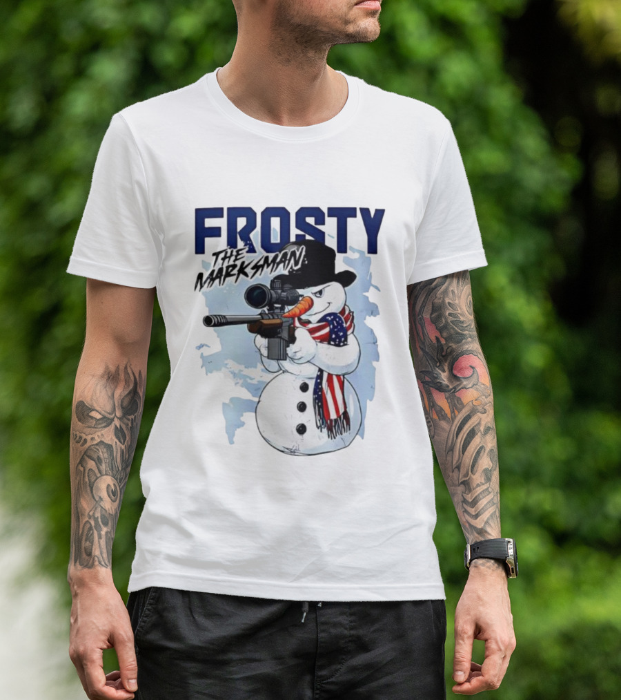 Frosty The Marksman Snowman USA Flag Scarf Sniper Hat T-Shirt