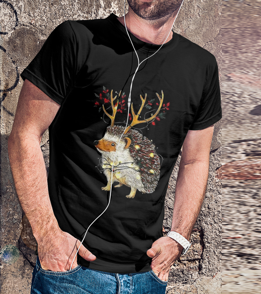 Hedgehog With Antlers Wearing String Of Lights Christmas Holiday Design T-Shirt