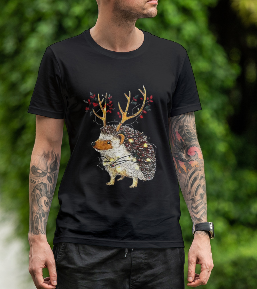 Hedgehog With Antlers Wearing String Of Lights Christmas Holiday Design T-Shirt