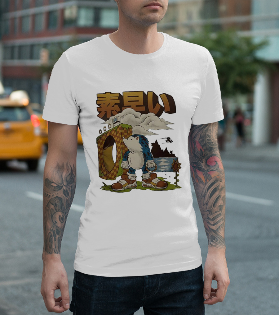 Hedgehog Retro Video Game Symbol Japanese Text T-Shirt