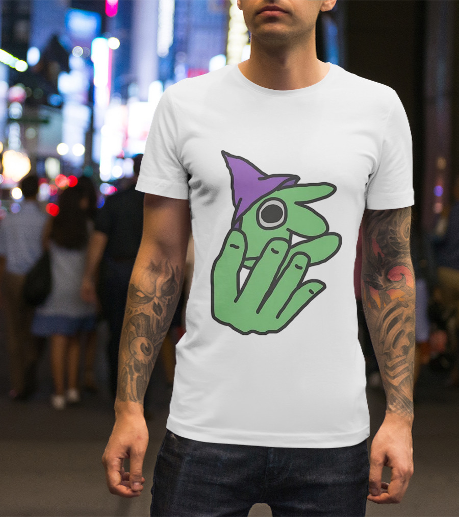 Glep Smiling Friends Character With Green Hand And Purple Hat T-Shirt