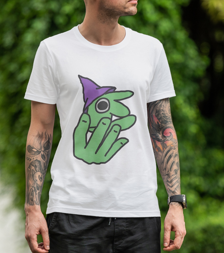 Glep Smiling Friends Character With Green Hand And Purple Hat T-Shirt