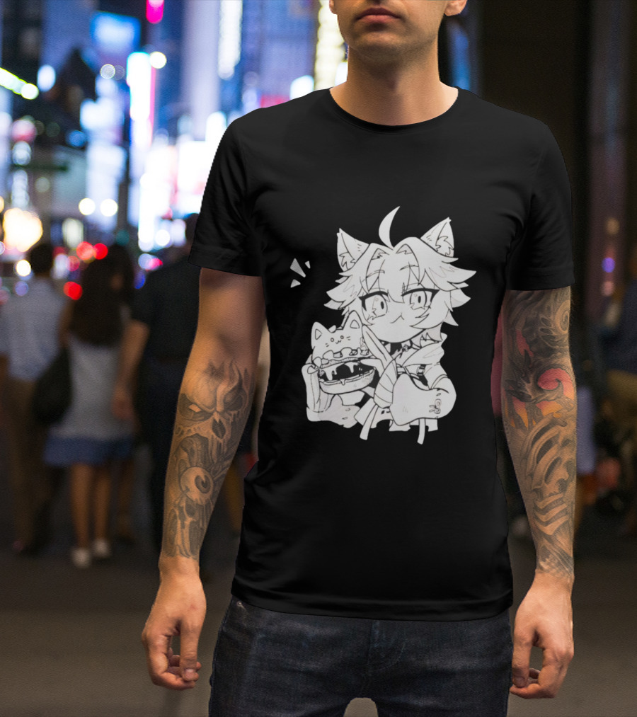 Genshin Impact Cat-Eared Character With Cat Burger Anime Illustration T-Shirt