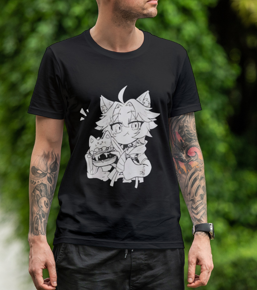 Genshin Impact Cat-Eared Character With Cat Burger Anime Illustration T-Shirt