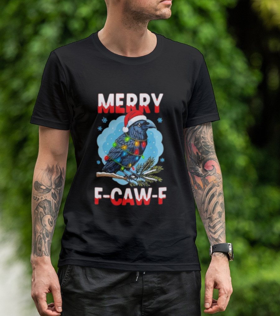 Merry Christmas F-Caw-F Santa Hat Crow With Lights T-Shirt