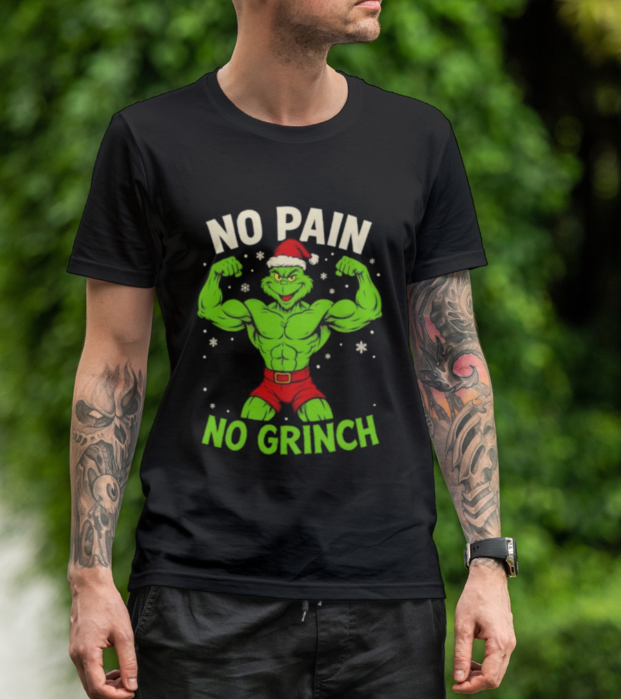 No Pain No Grinch Christmas Gym Santa Hat Muscle Fitness T-Shirt