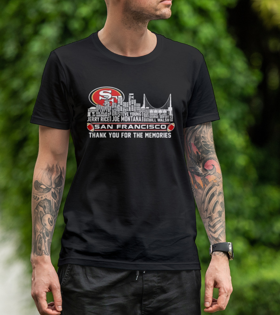 San Francisco 49ers Skyline Jerry Rice Joe Montana Legends Thank You For The Memories T-Shirt