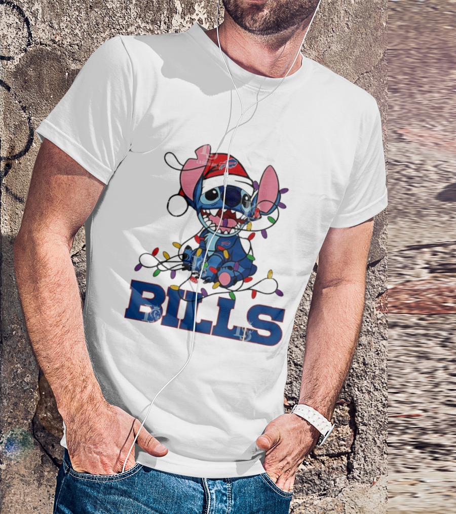 Buffalo Bills Christmas Lights With Stitch In Santa Hat T-Shirt