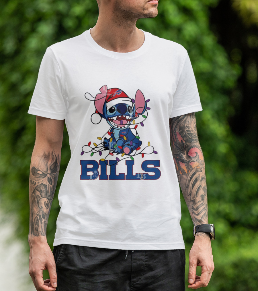 Buffalo Bills Christmas Lights With Stitch In Santa Hat T-Shirt