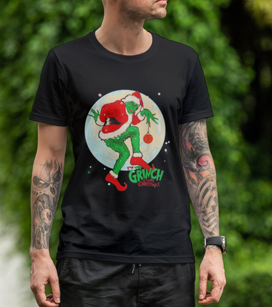 How The Grinch Stole Christmas Moon Scene With Ornament And Santa Suit T-Shirt