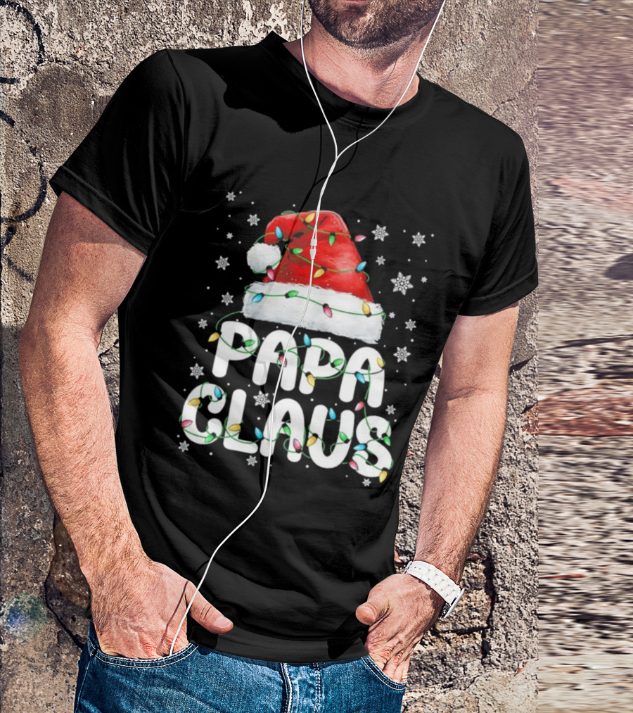Papa Claus Santa Hat With Christmas Lights Holiday Stars T-Shirt