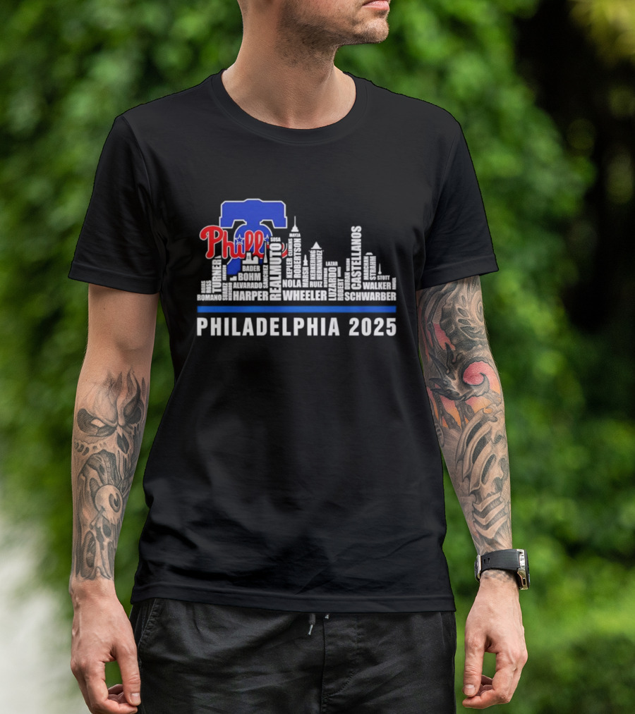 Philadelphia Phillies Skyline Bell Wheeler Nola Harper Realmuto Turner 2025 T-Shirt