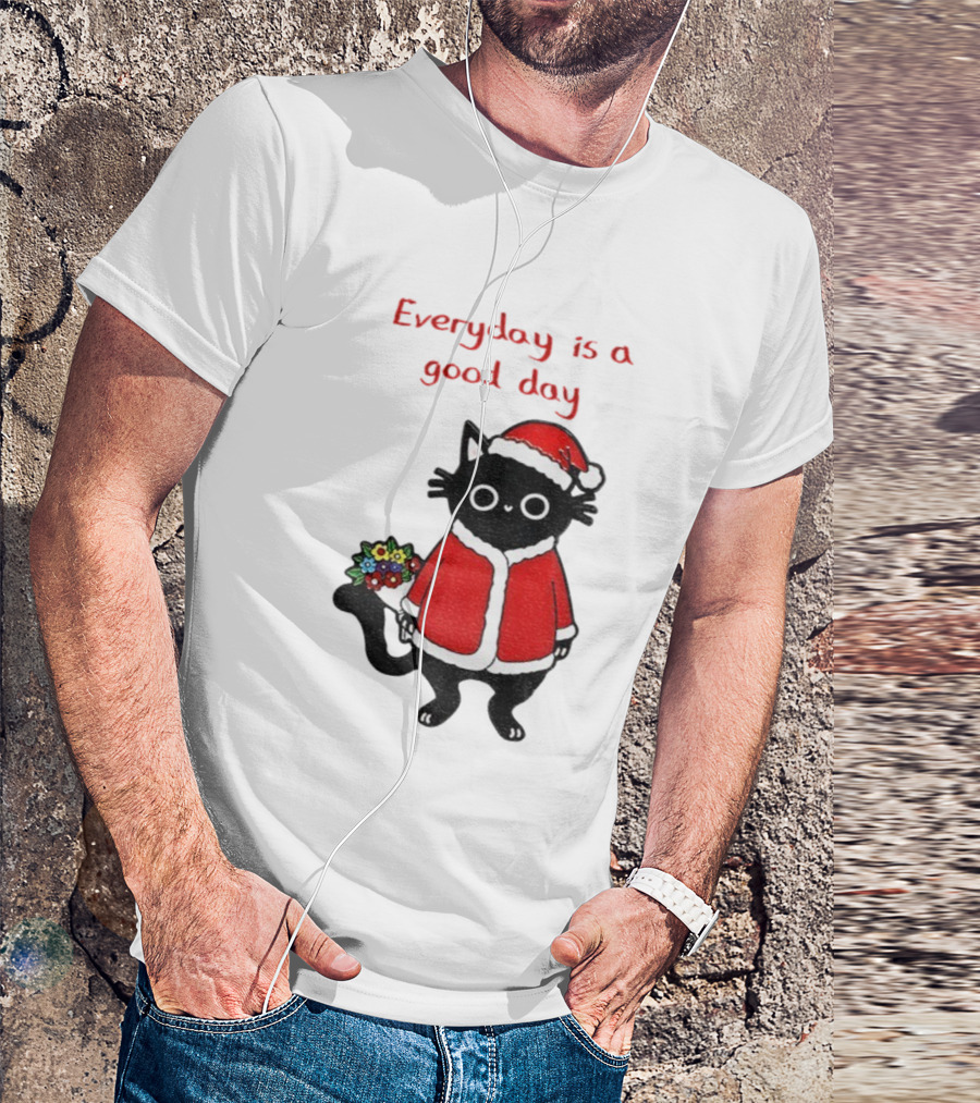 Everyday Is A Good Day Black Cat Santa Merry Christmas T-Shirt