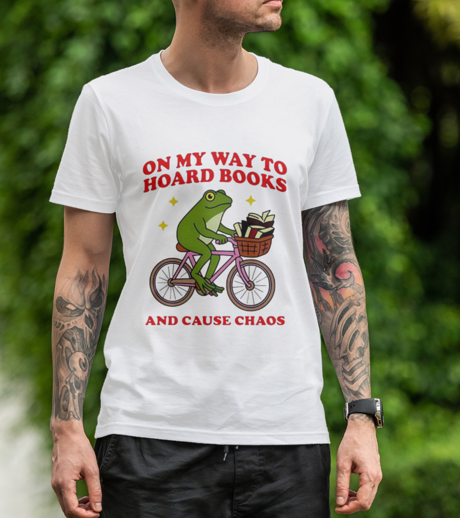 Frog On Bicycle Journey To Hoard Books And Cause Chaos T-Shirt