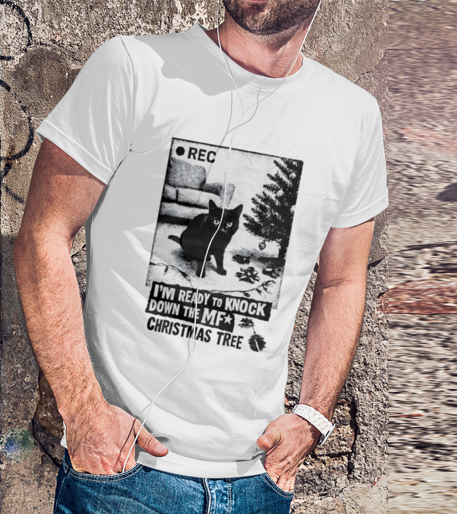 REC Black Cat Ready To Knock Down The MF Christmas Tree T-Shirt