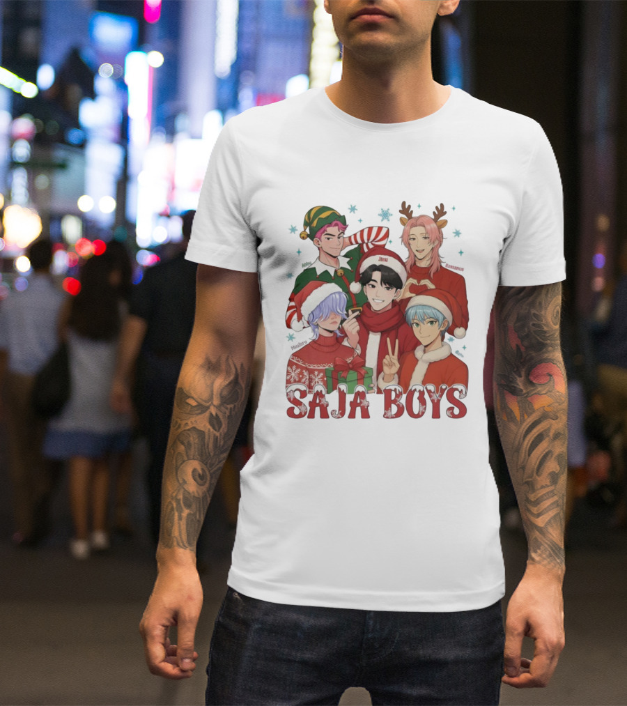 Saja Boys Kpop Christmas 2025 Festive Characters In Santa Hats And Elf Outfits T-Shirt