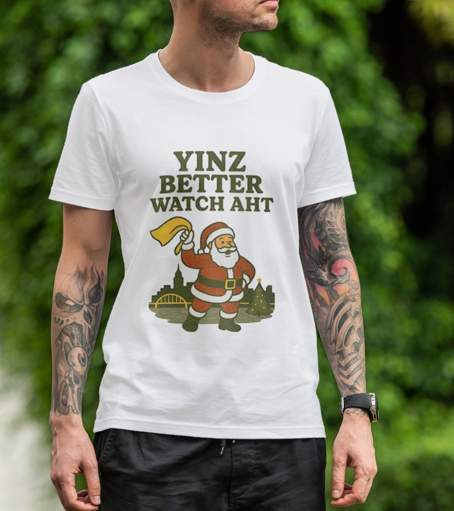 Yinz Better Aht Christmas Santa Pittsburgh Bridge Skyline T-Shirt