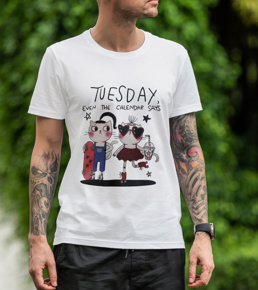 Tuesday Even The Calendar Says Cute Cat Cartoon Skaters And Stars T-Shirt