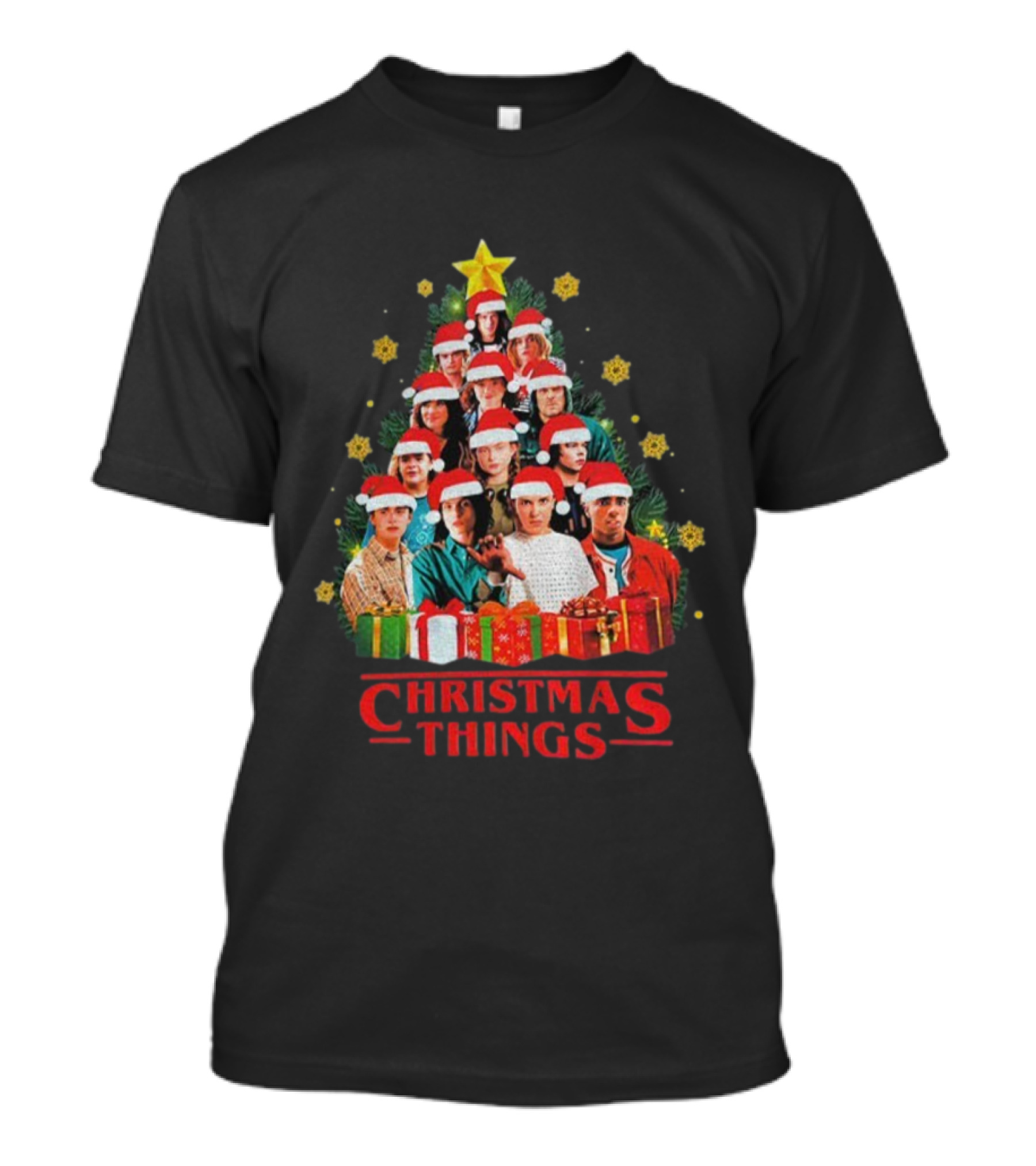 Stranger Things Christmas Tree Holiday Cast Santa Hats Gifts T-Shirt
