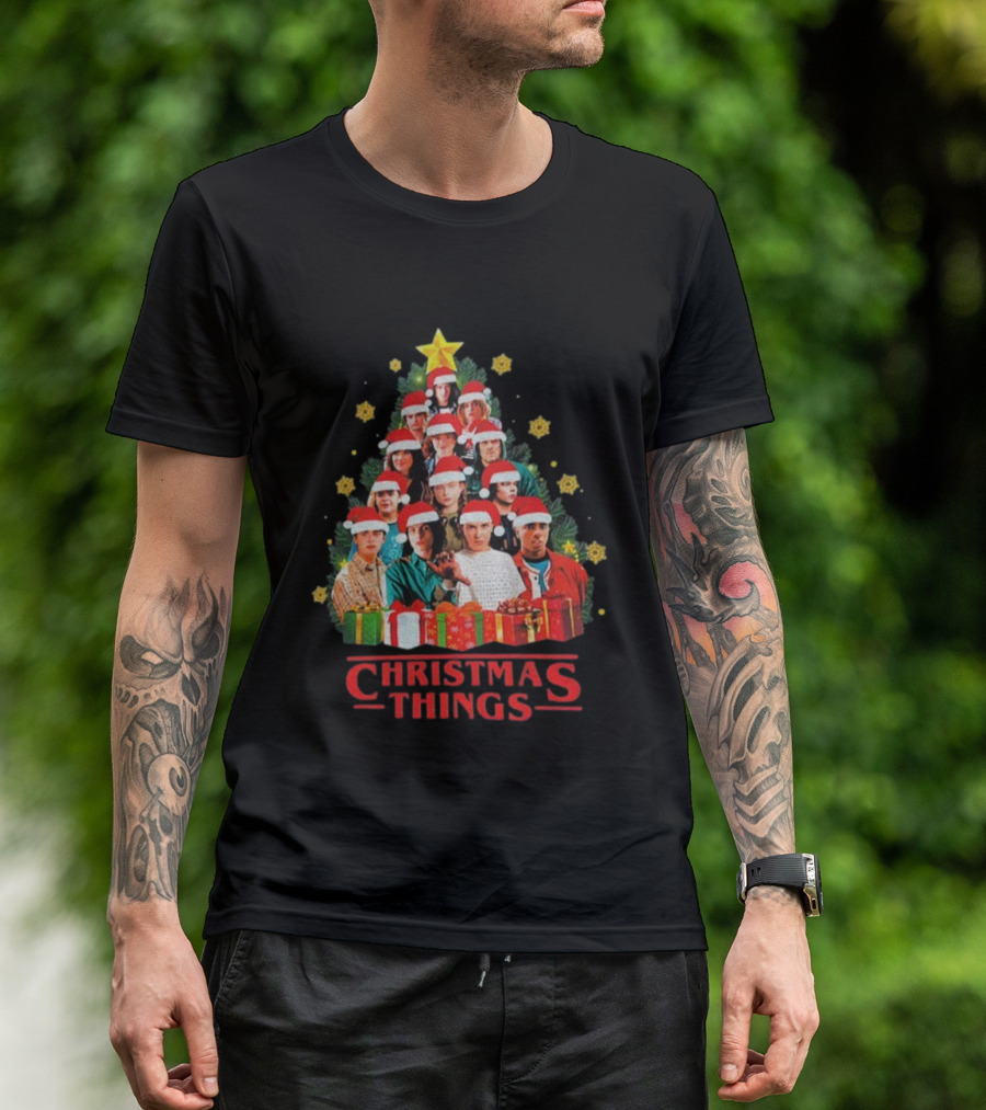 Stranger Things Christmas Tree Holiday Cast Santa Hats Gifts T-Shirt