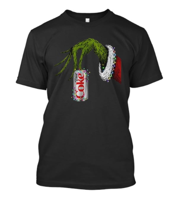 Grinch Hand Holding Diet Coke Can Wrapped In Christmas Lights Merry Christmas T-Shirt