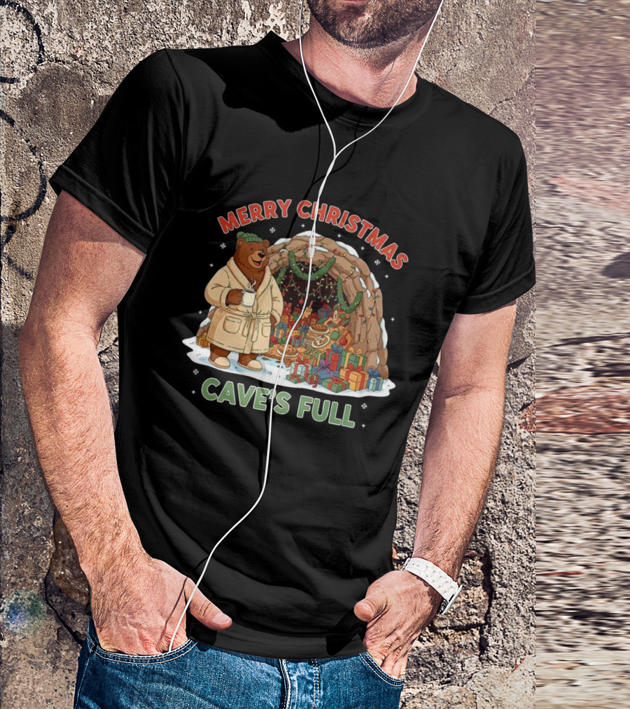 Merry Christmas Bear In Cozy Cave Filled With Gifts T-Shirt