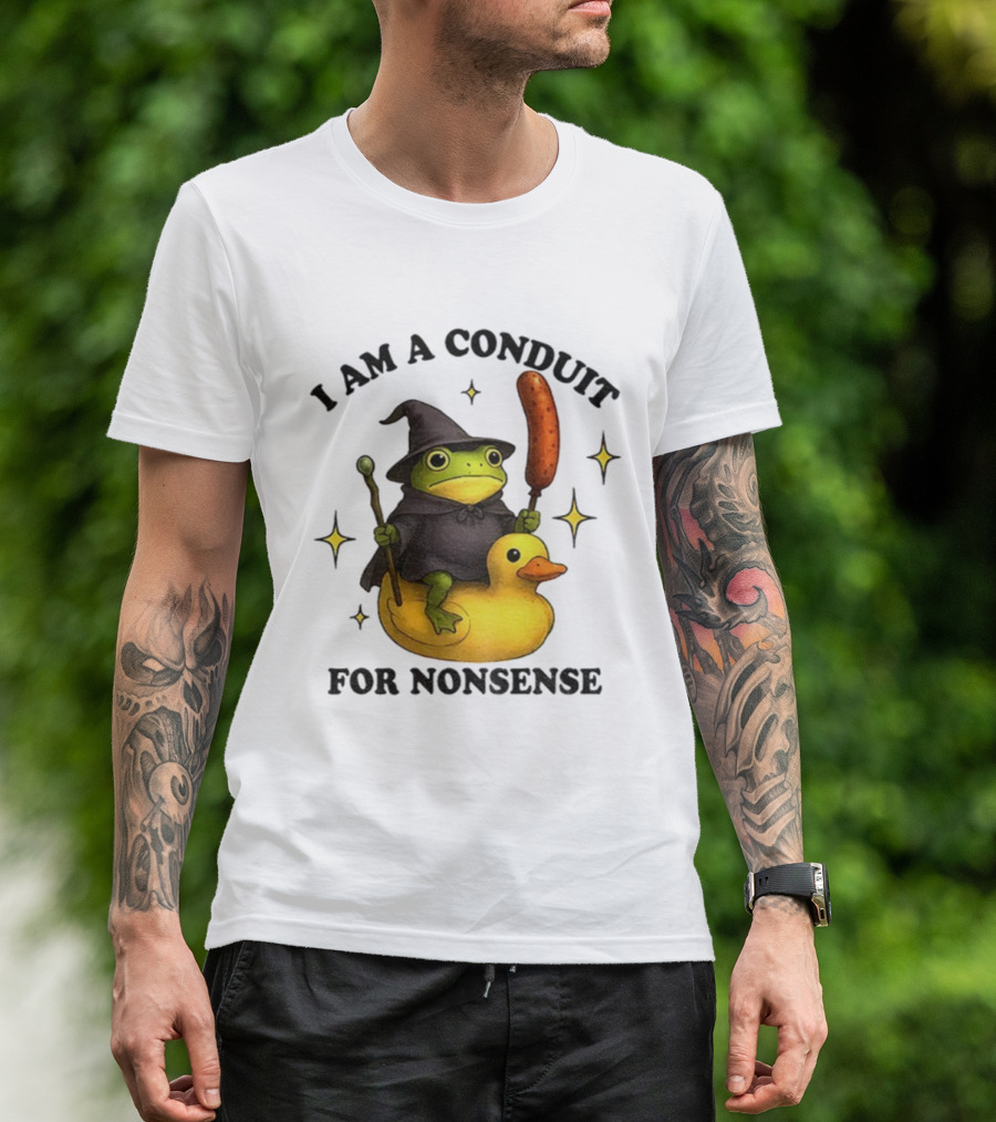 I Am A Conduit For Nonsense Frog On Rubber Duck With Wizard Hat And Sausage Wand T-Shirt