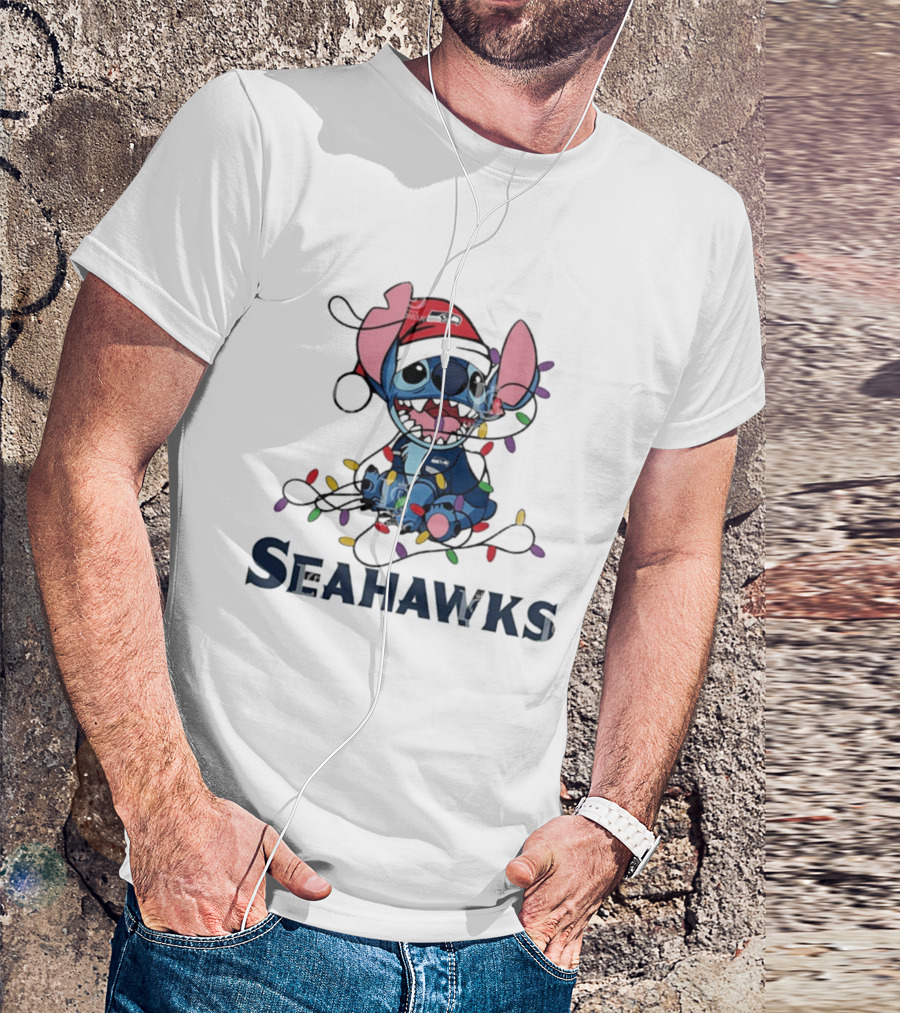 Seattle Seahawks Stitch Christmas Lights T-Shirt