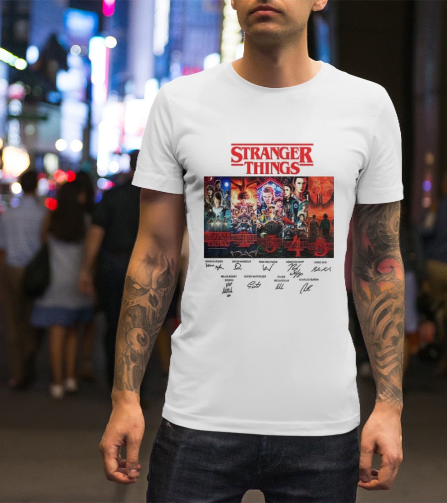 Stranger Things Seasons 1-5 Collage With Cast Signatures And Retro Logo T-Shirt