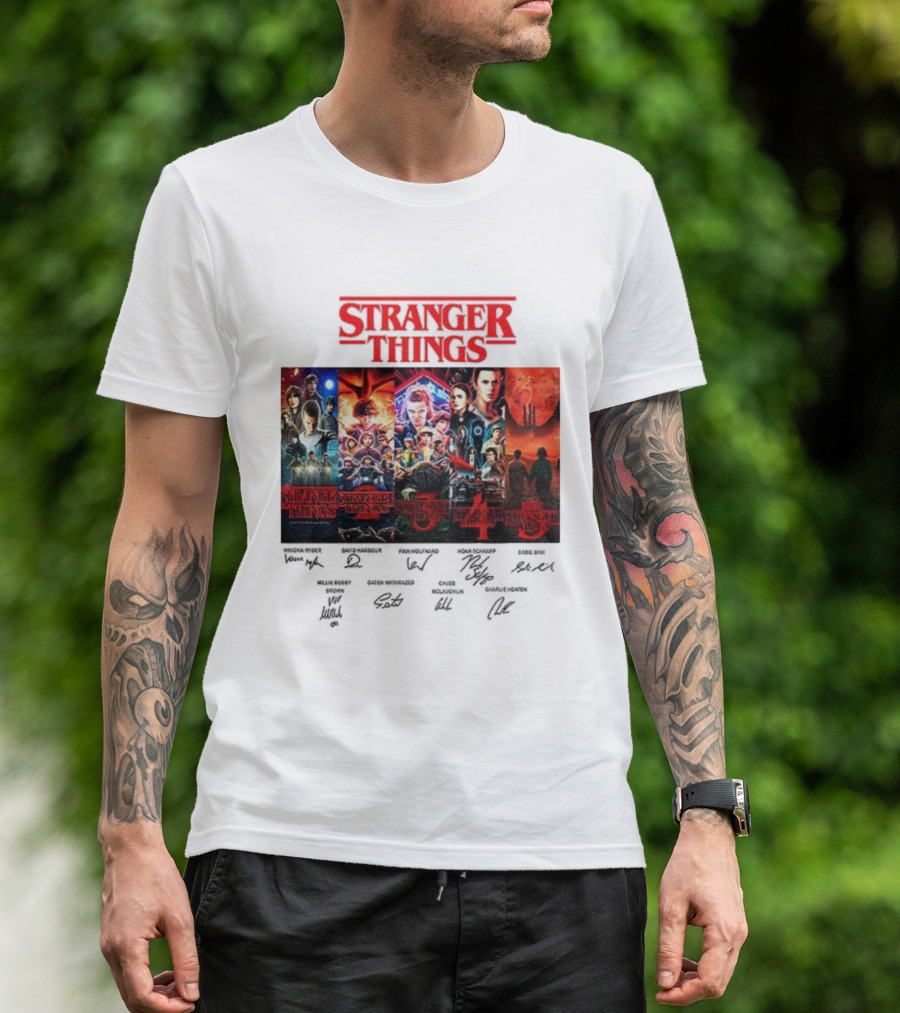 Stranger Things Seasons 1-5 Collage With Cast Signatures And Retro Logo T-Shirt