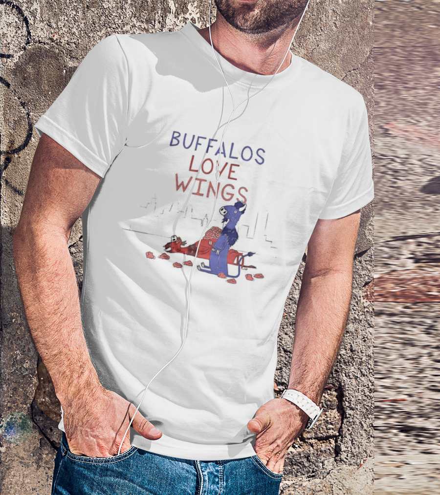 Buffalos Love Wings Cartoon Character Eating Chicken Wing Pile T-Shirt