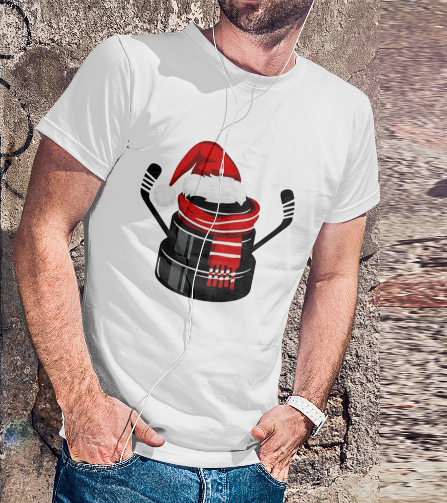 Hockey Puck Santa Hat Merry Christmas Festive Holiday T-Shirt