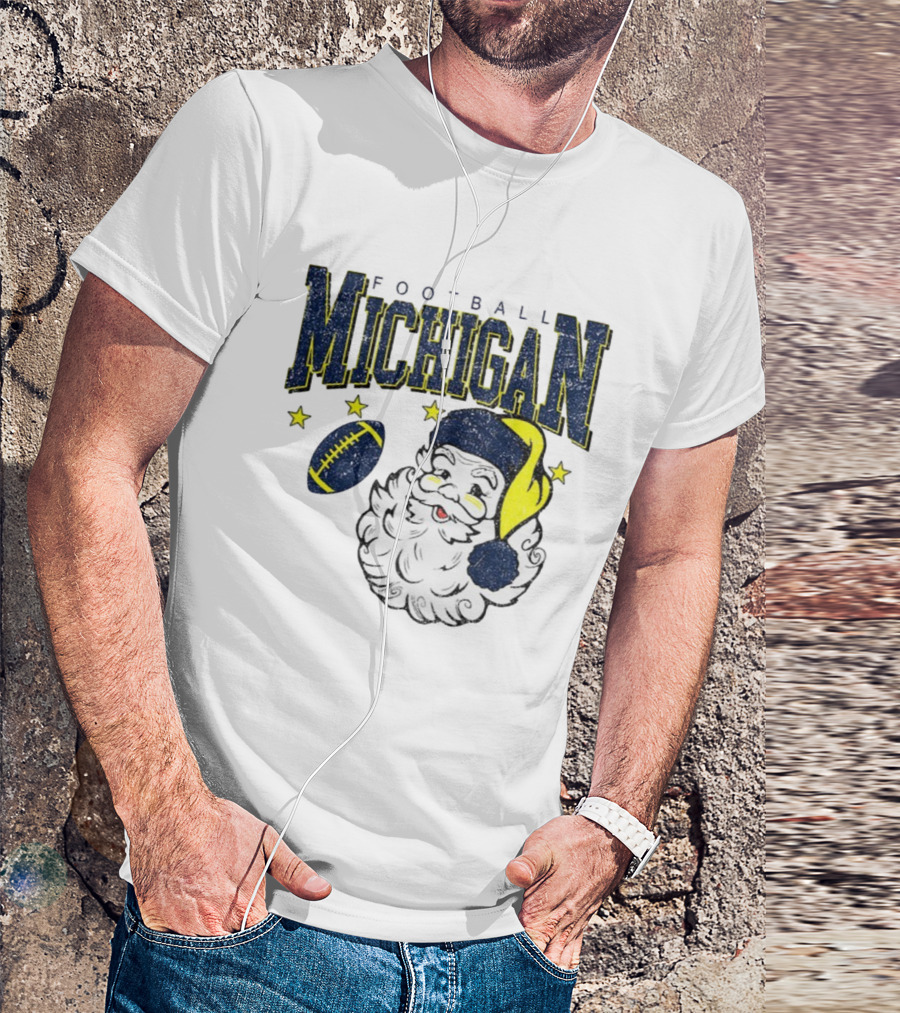 Michigan Wolverines Football Christmas Santa With Stars And Football Design T-Shirt