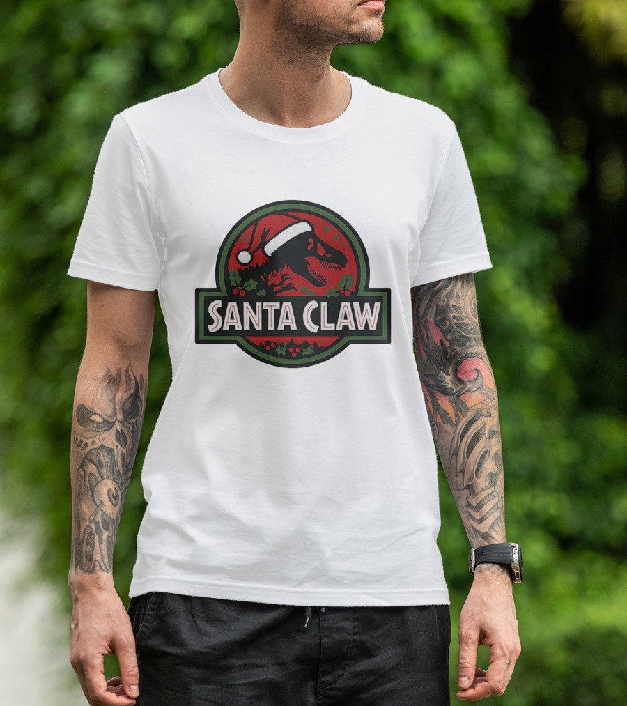 Santa Claw Christmas Dinosaur Jurassic Park Santa Hat Holiday T-Shirt