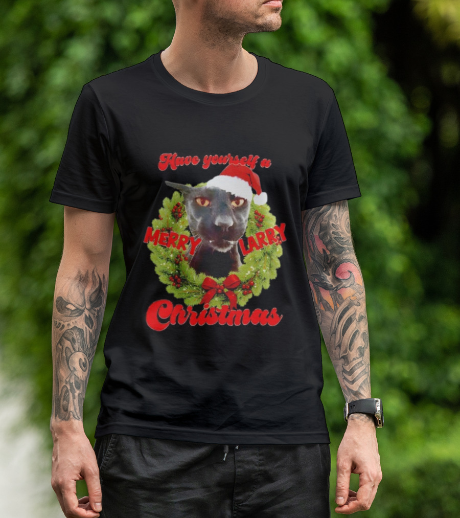 Merry Larry Christmas Black Cat Wreath Santa Hat T-Shirt