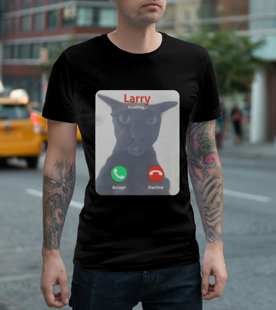Larry Is Calling Accept Decline Black Cat Face Meme T-Shirt