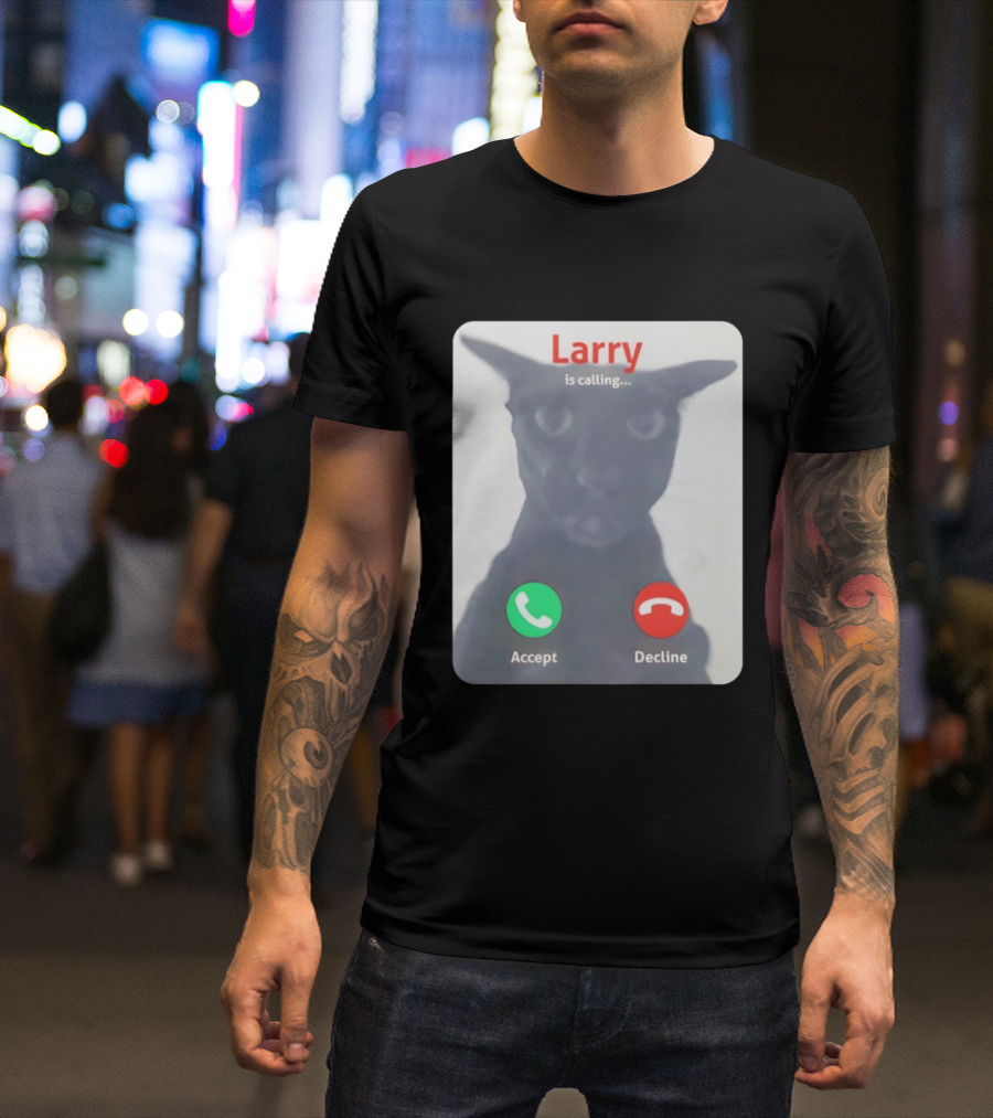 Larry Is Calling Accept Decline Black Cat Face Meme T-Shirt