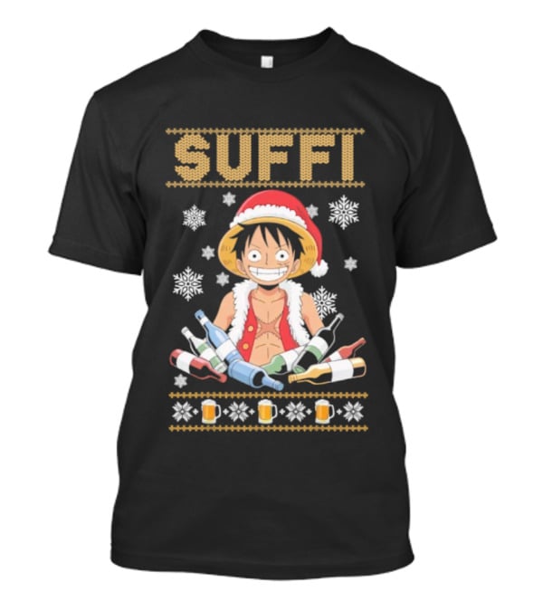 Monkey D. Luffy One Piece Suffi Christmas Santa Hat Beer Bottles Snowflakes T-Shirt
