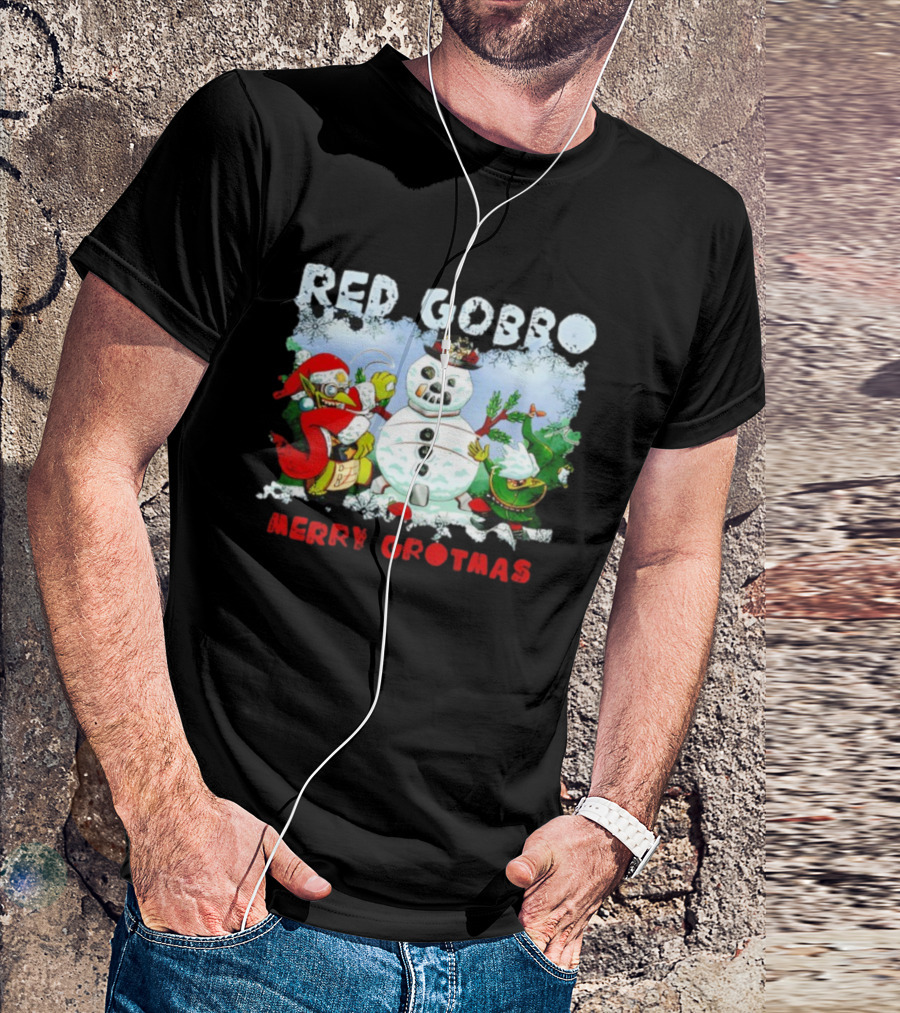 Red Gobbo Merry Grotmas Snowman Scene With Goblins Holiday Cheer T-Shirt