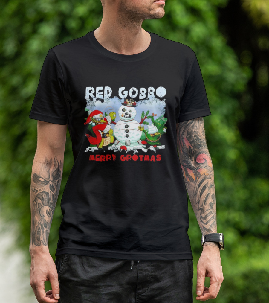Red Gobbo Merry Grotmas Snowman Scene With Goblins Holiday Cheer T-Shirt