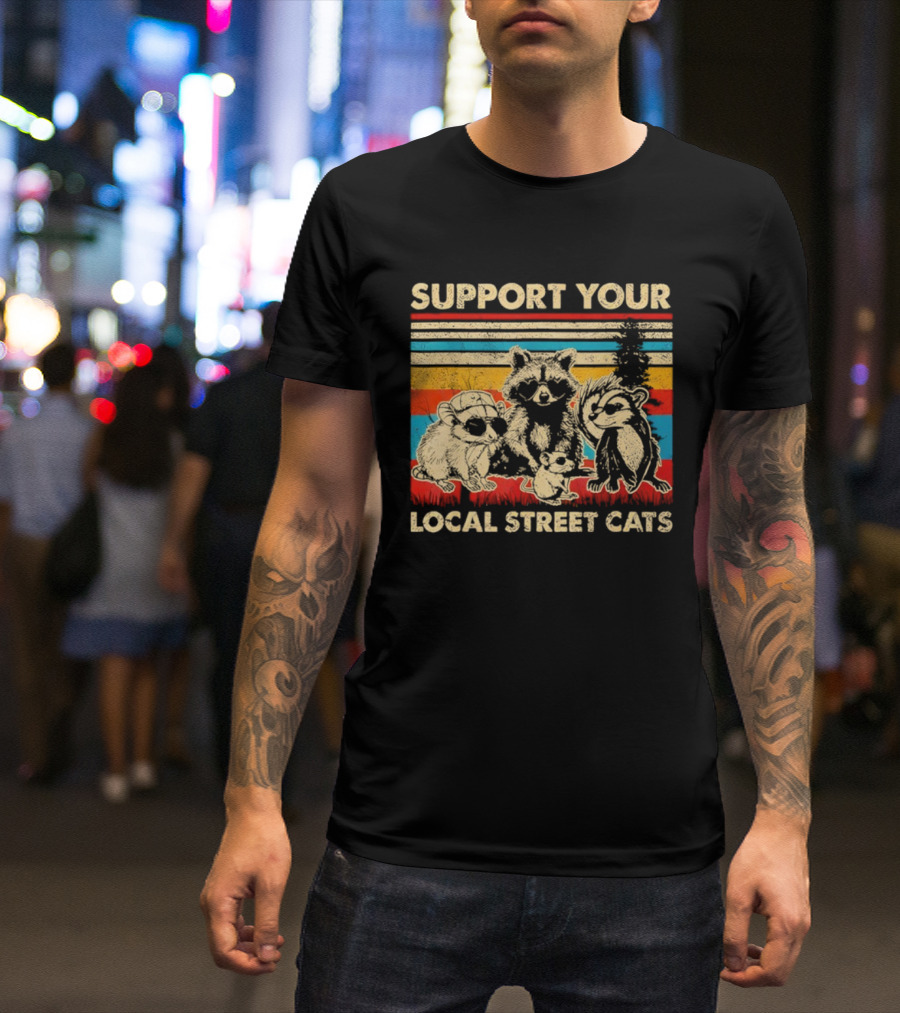 Support Your Local Street Cats Opossum Raccoon Vintage Stripes T-Shirt