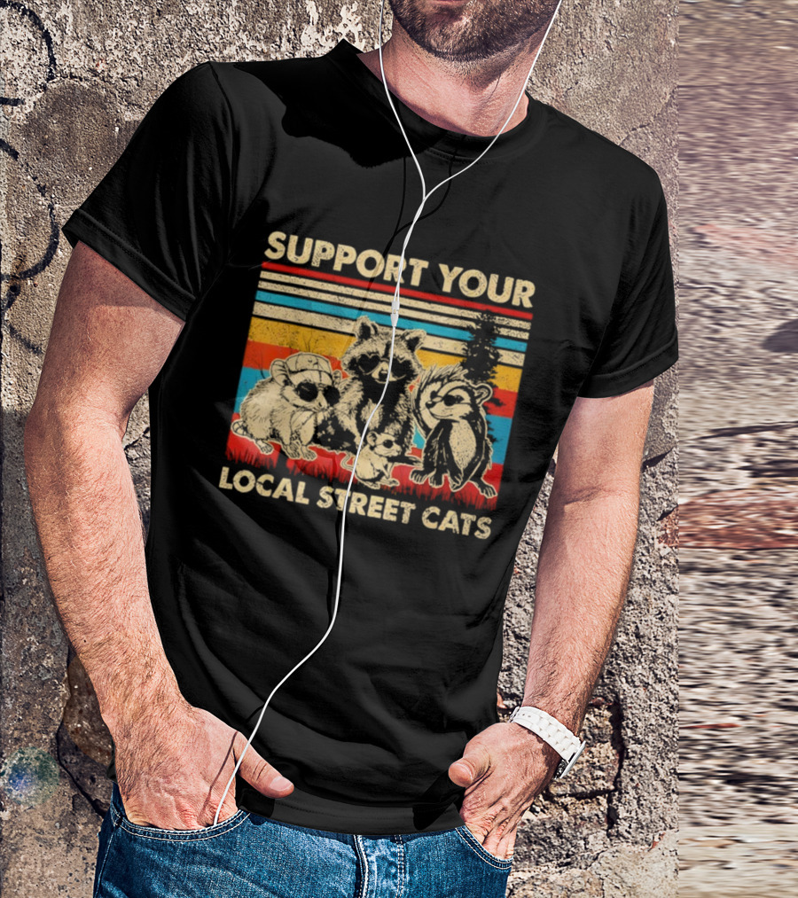 Support Your Local Street Cats Opossum Raccoon Vintage Stripes T-Shirt