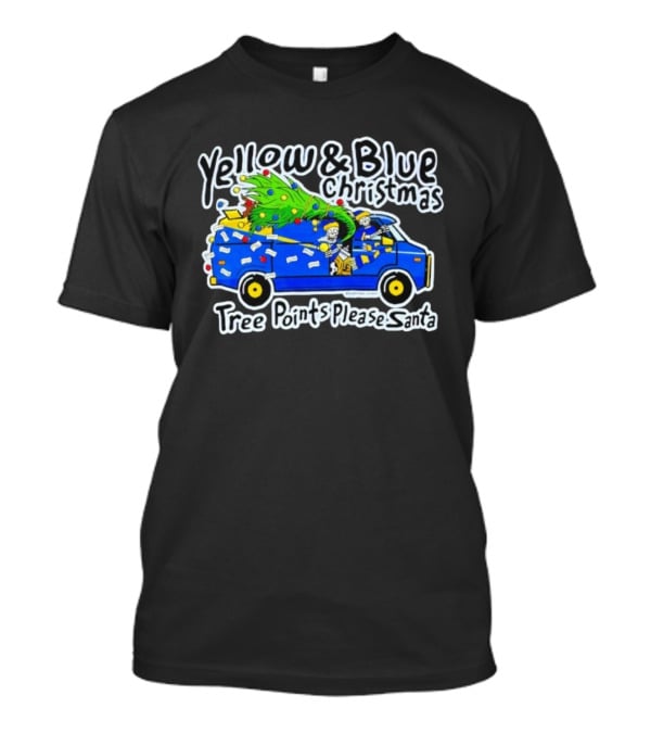 Yellow & Blue Christmas Tree Points Please Santa Van Holiday Humor T-Shirt